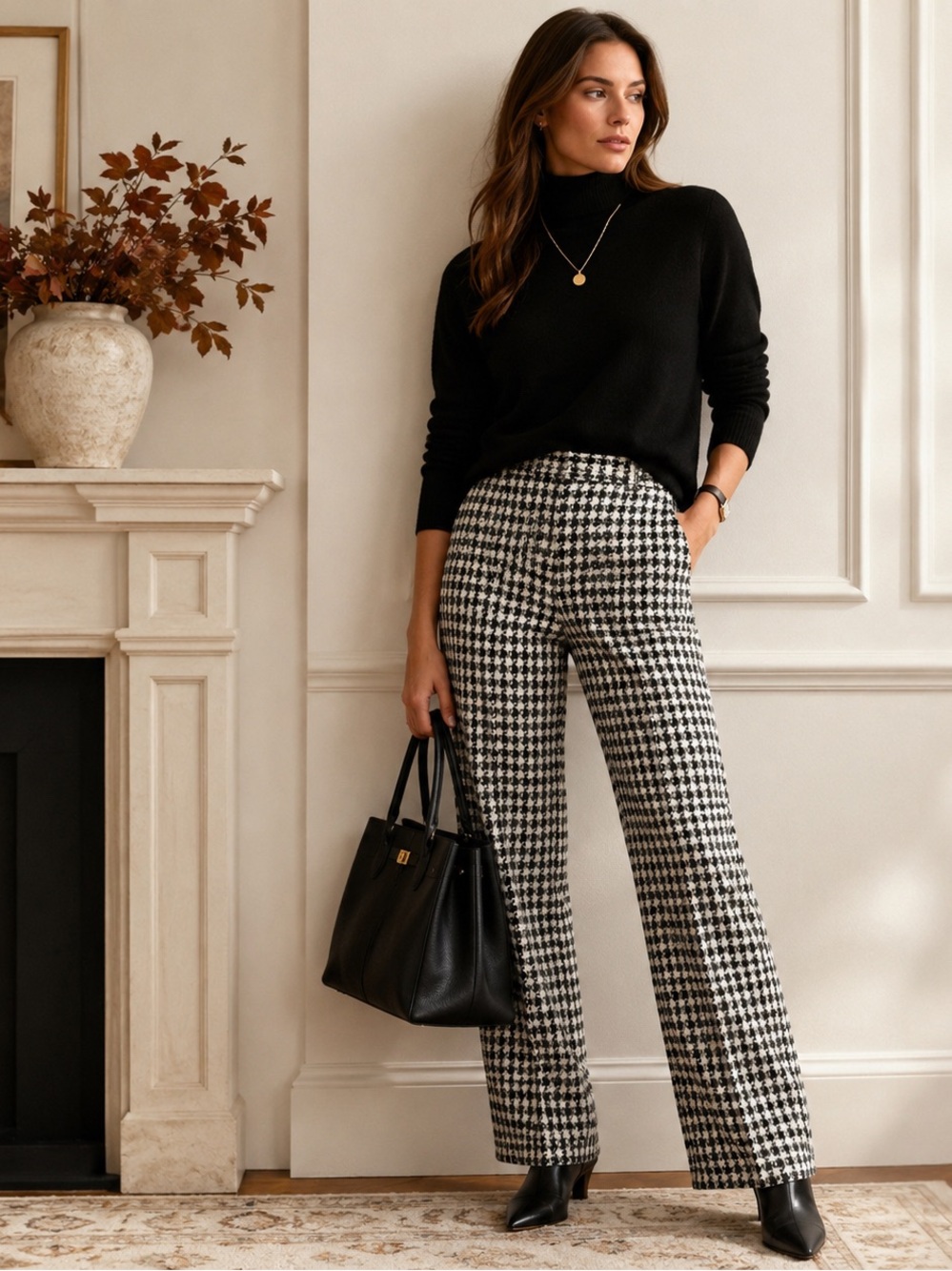 Talbots Petites Houndstooth 100% Wool Trousers Size 2P Straight Leg Black Gray